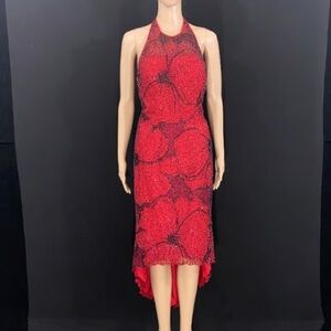 Andretta Donatello dress red silk Couture Italian beaded designer *vintage M 4/6